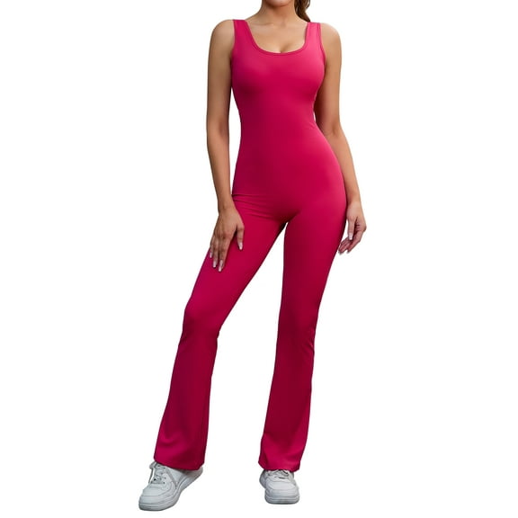INSPIRE CHIC Women's Hollow Back Bodysuit One Piece Body Full Suit Long Pants Leggings Workout Fitness Catsuit XL Rose Red