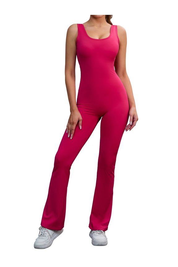 Women's Hollow Back Bodysuit 1 Piece Body Full Suit Long Pants Leggings Workout Fitness Catsuit XL Rose Red
