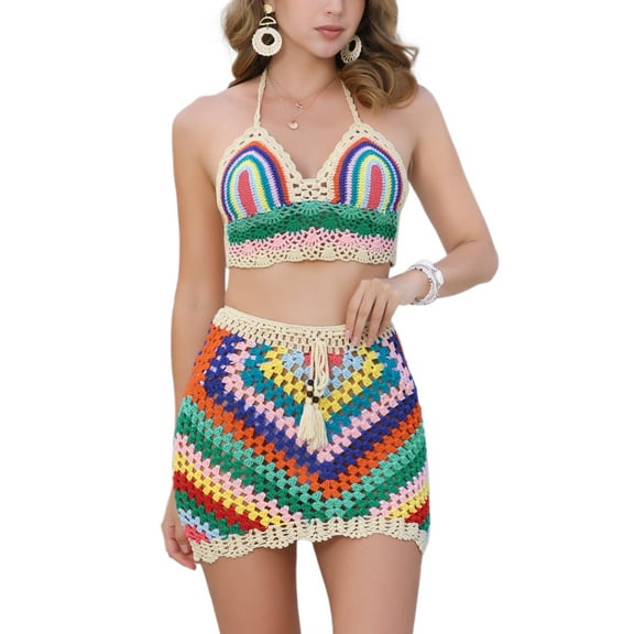 INSPIRE CHIC Women's Hollow Out Cami Top Mini Skirt 2 Pieces Bikini Set Summer Beach Crochet Knit Sets M Multicolored
