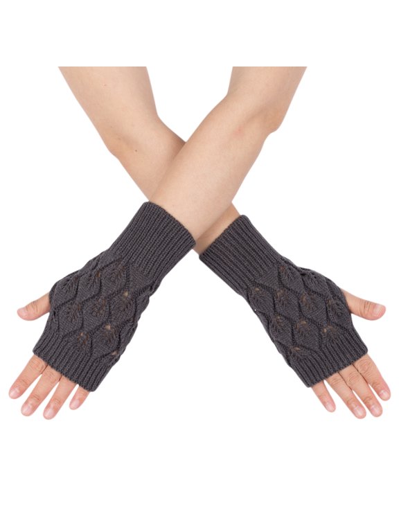 Women's Hollow-Out Long Leaf Pattern Knitted Fingerless Gloves Elegant Daily Work Gift 7.7"x2.6"(LxW) Dark Gray