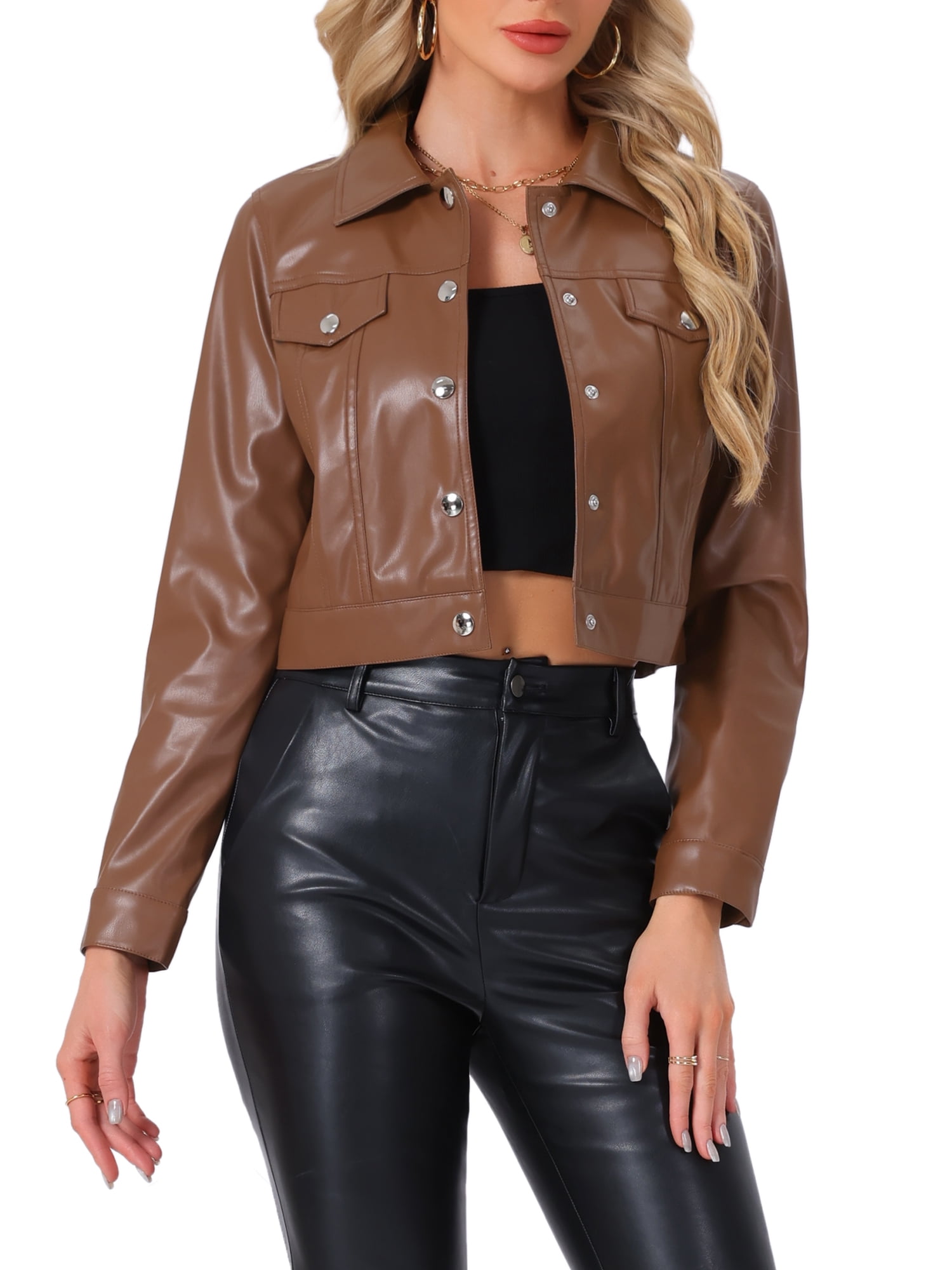 INSPIRE CHIC Women's Holographic Shiny Biker Button Down Metallic Jacket S Brown