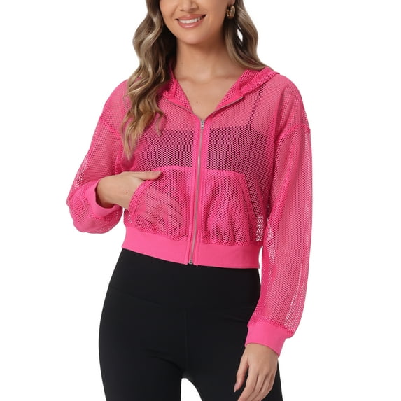 INSPIRE CHIC Women's Hoodie Zip Up 2023 Fashion Mesh Sheer Bomber Jackets M Rose Red