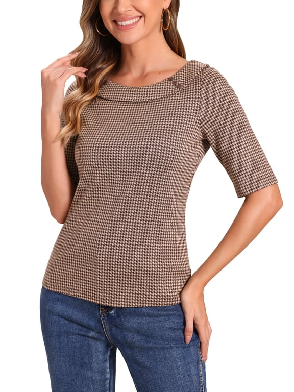 Women's Houndstooth Half Sleeve Boat Neck Blouses Top S Brown