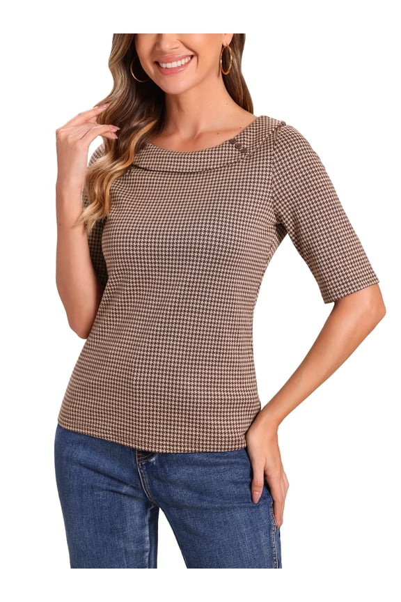 Women's Houndstooth Half Sleeve Boat Neck Blouses Top XS Brown