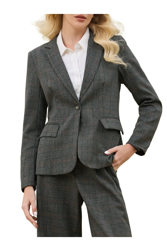 Women's Houndstooth Plaid Blazer Work Business Casual Suit Jacket for Fall L Black Grey