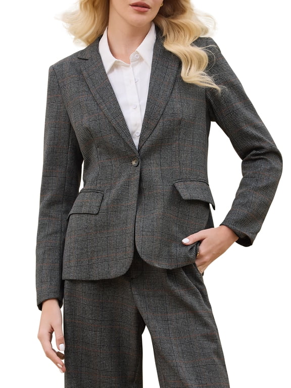 Women's Houndstooth Plaid Blazer Work Business Casual Suit Jacket for Fall L Black Grey