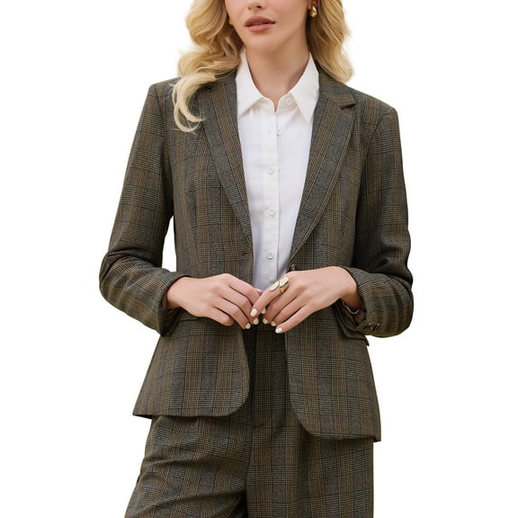 INSPIRE CHIC Women's Houndstooth Plaid Blazer Work Business Casual Suit Jacket for Fall S Brown