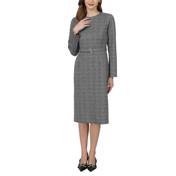 INSPIRE CHIC Women's Houndstooth Plaid Dress Long Sleeve Belted Business Office Pencil Dresses S Grey Black