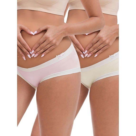INSPIRE CHIC Women's Ice Silk Ribbed V-Shaped Low Rise Maternity Briefs Color Patchwork Pregnancy Panties 2 Packs XL 1 Pink 1 Beige