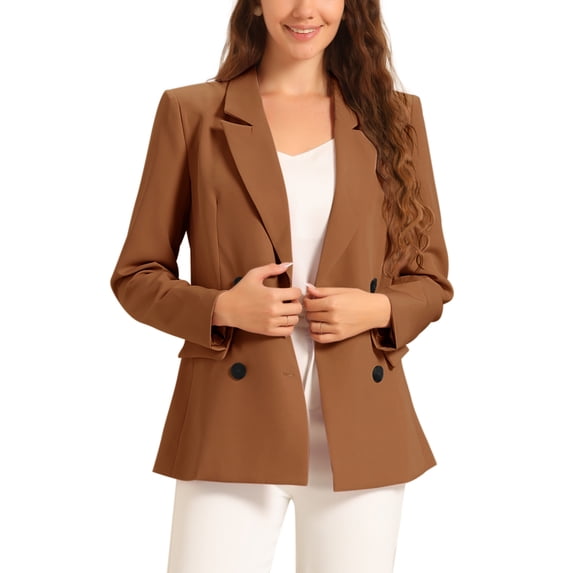 INSPIRE CHIC Women's Jacket Notched Lapel Double Breasted Padded Shoulder Blazer Coffee Brown L