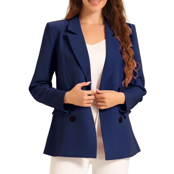 INSPIRE CHIC Women's Jacket Notched Lapel Double Breasted Padded Shoulder Blazer Dark Blue-Solid XL
