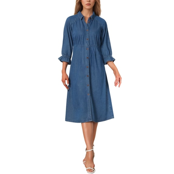 INSPIRE CHIC Women's Jean Dress Loose Fit 3/4 Sleeve Button Down Midi Denim Dress L Gray Blue