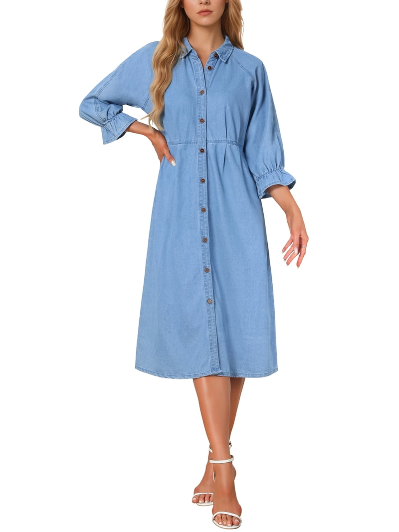 INSPIRE CHIC Women's Jean Dress Loose Fit 3/4 Sleeve Button Down Midi Denim Dress L Light Blue