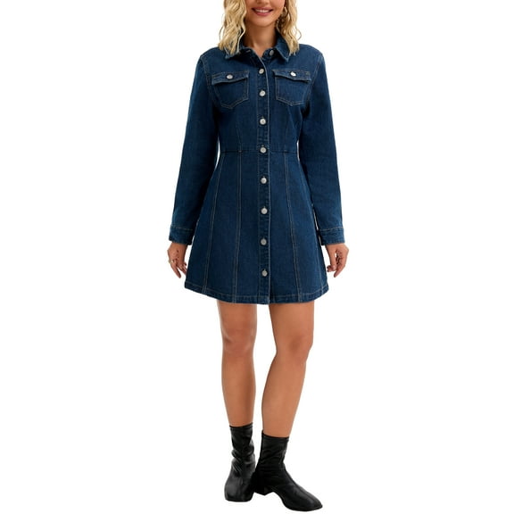 INSPIRE CHIC Women's Jean Dresses Button Up Collar Long Sleeve Pockets A Line Knee Length Denim Dress S Dark Blue