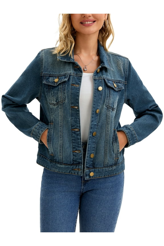 Women's Jean Jacket Turn Down Collar Long Sleeve Washed Button Up Casual Denim Jackets M Blue