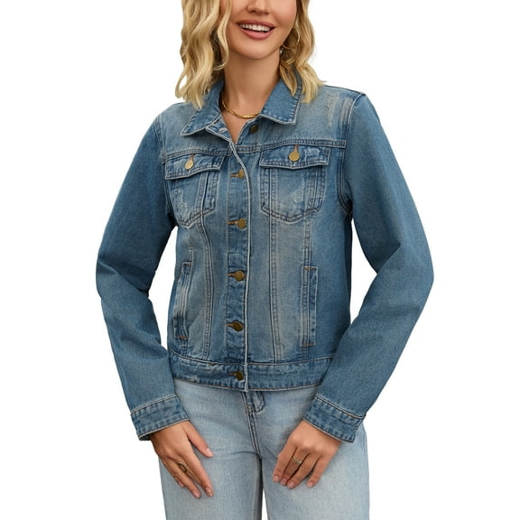 INSPIRE CHIC Women's Jean Jacket Turn Down Collar Long Sleeve Washed Button Up Casual Denim Jackets M Grey Blue