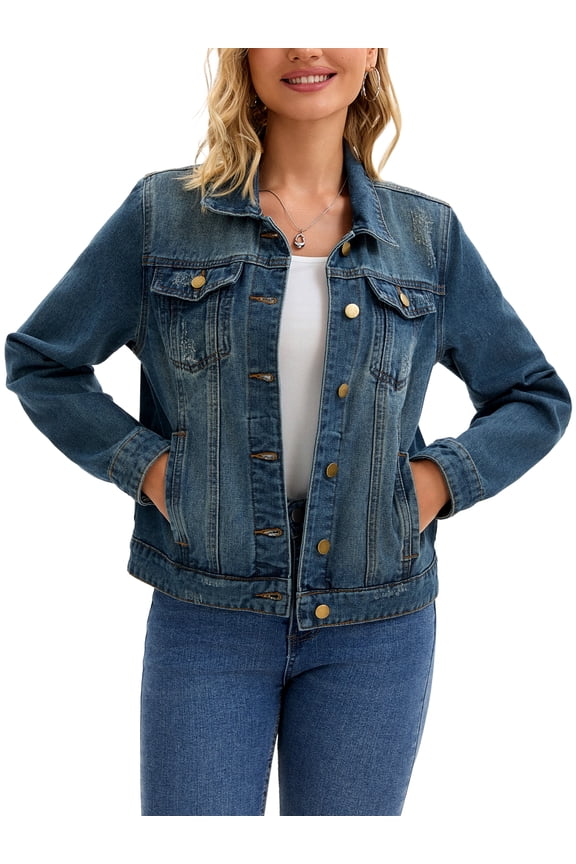Women's Jean Jacket Turn Down Collar Long Sleeve Washed Button Up Casual Denim Jackets XL Blue