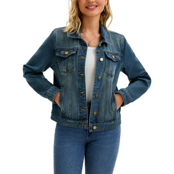 INSPIRE CHIC Women's Jean Jacket Turn Down Collar Long Sleeve Washed Button Up Casual Denim Jackets XL Blue