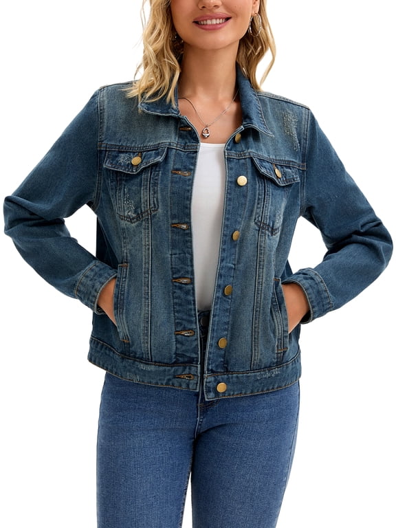 Women's Jean Jacket Turn Down Collar Long Sleeve Washed Button Up Casual Denim Jackets XL Blue