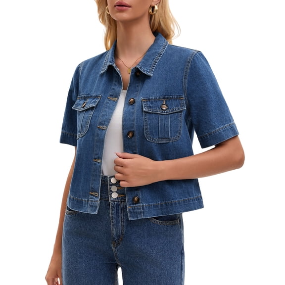 INSPIRE CHIC Women's Jean Jacket Crop Button Down with Pockets Casual Short Sleeve Denim Shirt 2XL Blue