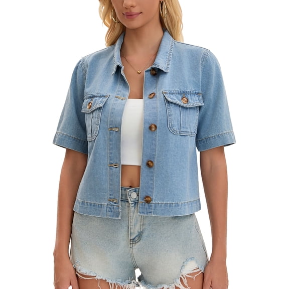 INSPIRE CHIC Women's Jean Jacket Crop Button Down with Pockets Casual Short Sleeve Denim Shirt L Light Blue