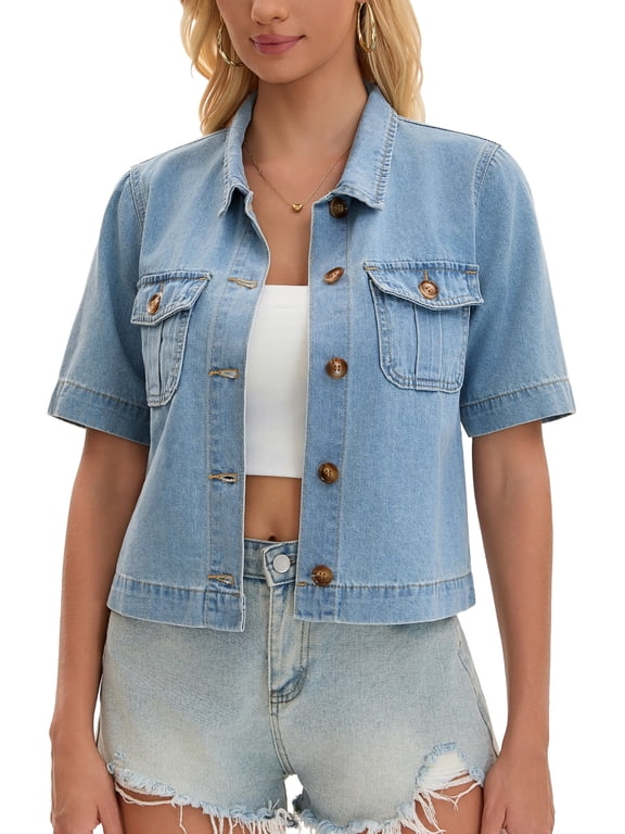 Women's Cropped Button Down Short Sleeve Lightweight Denim Jacket Light Blue S