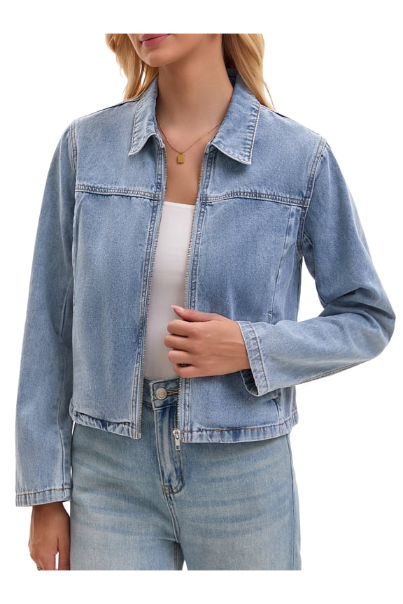 Women's Cropped Zip Up Denim Jacket Long Sleeve Motorcycle Bomber Style Coat S Light Blue