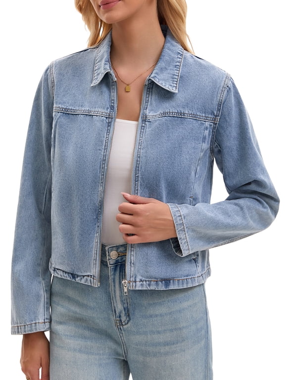 Women's Cropped Zip Up Denim Jacket Long Sleeve Motorcycle Bomber Style Coat XL Light Blue
