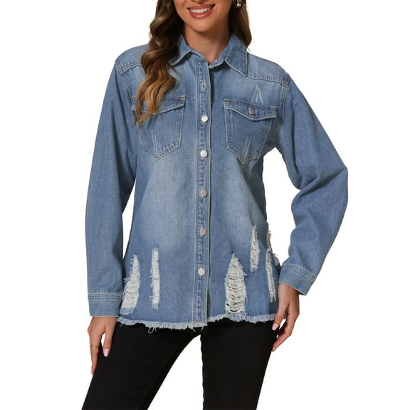 INSPIRE CHIC Women's Jean Jacket Oversized Frayed Hem Pockets Long Sleeve Button Down Denim Jackets L Blue