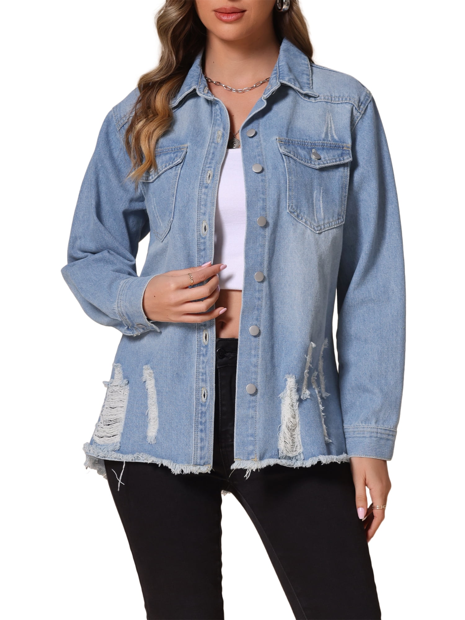 Lowered Jacket INSPIRE CHIC Women's Jean Jacket Oversized Frayed Hem Pockets Long ...
