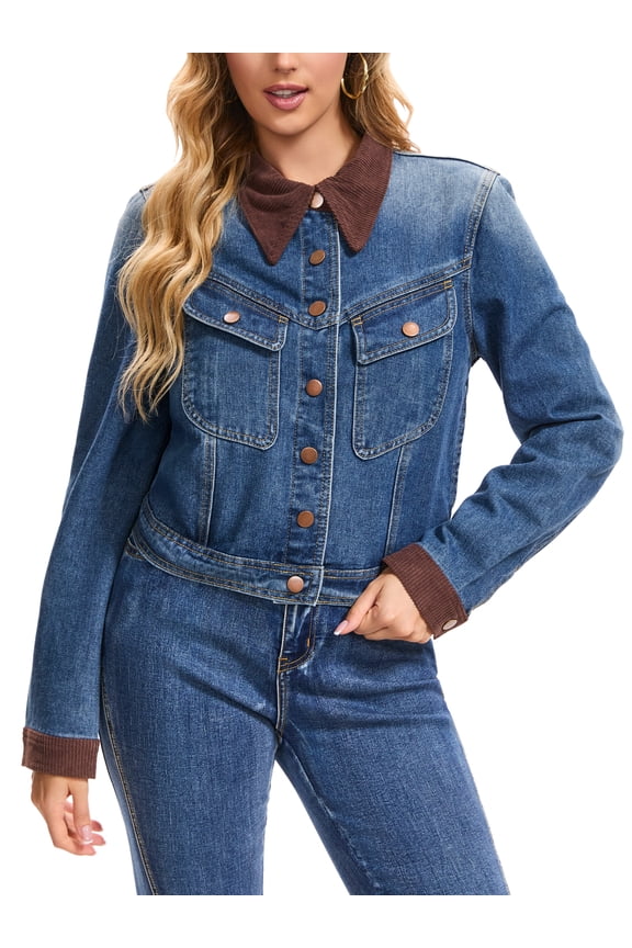Women's Jean Jacket Trendy Button Down Corduroy Collar Barn Jackets Denim Shacket L Deep Blue