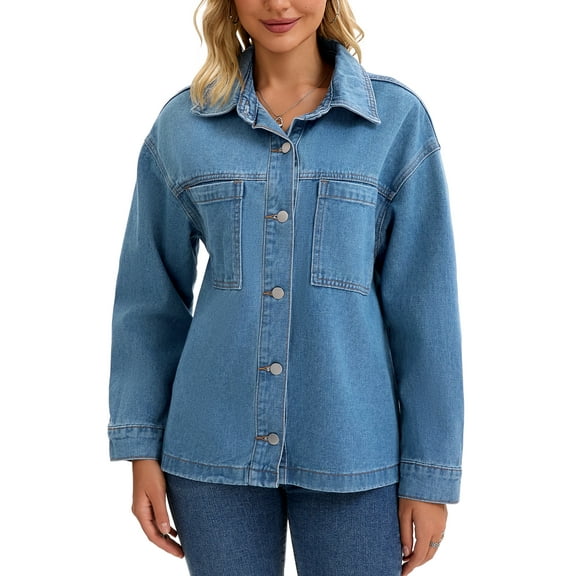 INSPIRE CHIC Women's Coat Jean Flat Collar Long Sleeve Fall Button Up Oversized Denim Jacket L Blue