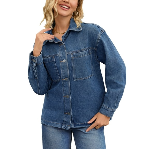 INSPIRE CHIC Women's Coat Jean Flat Collar Long Sleeve Fall Button Up Oversized Denim Jacket L Dark Blue