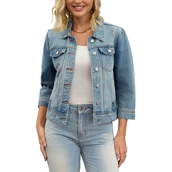 INSPIRE CHIC Women's Coat Jean Flat Collar Button Down 3/4 Sleeve Washed Cropped Denim Jacket L Light Blue