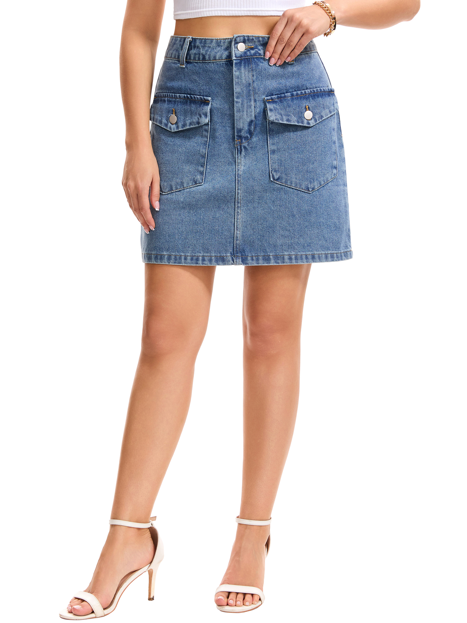 INSPIRE CHIC Women's Jean Skirt Casual High Waisted Front Pockets Classic Trendy Mini Denim Skirt 2XL Light Gray Blue