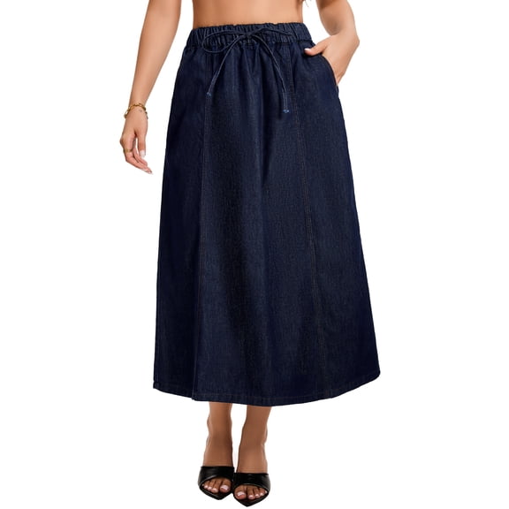 INSPIRE CHIC Women's Jean Skirt Elastic Waist Casual A-Line Maxi Denim Skirts with Pockets 2XL Dark Blue