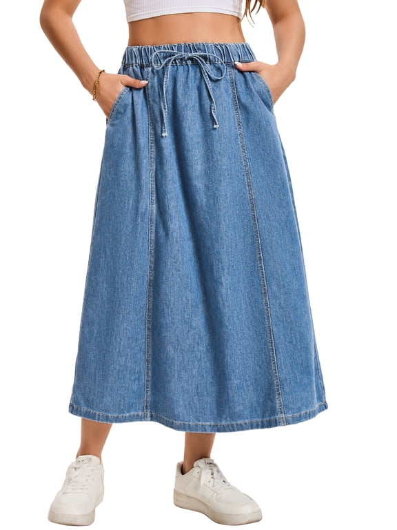 Women's Jean Skirt Elastic Waist Casual A-Line Maxi Denim Skirts with Pockets L Sky Blue
