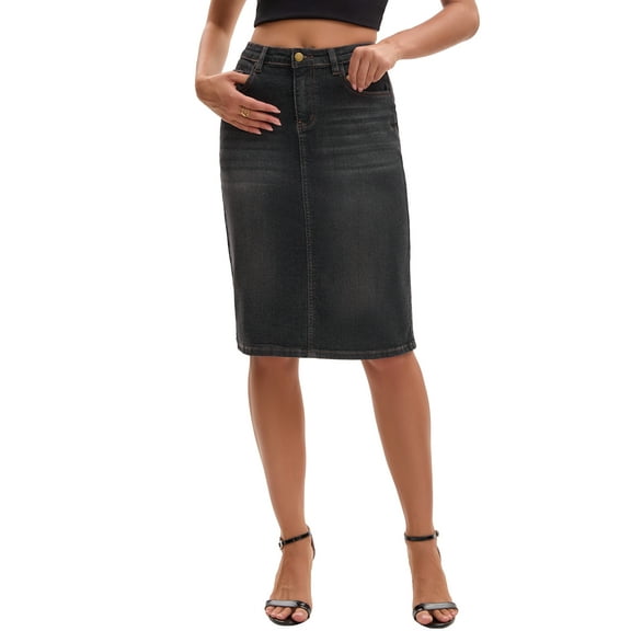 INSPIRE CHIC Women's Jean Skirt High Waist Back Slit Stretch Below Knee Length Denim Skirts L Black