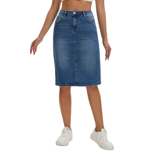 INSPIRE CHIC Women's Jean Skirt High Waist Back Slit Stretch Below Knee Length Denim Skirts L Blue