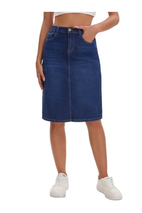 Women's Denim Skirts High Waist Back Slit Knee Length Jean Skirts Dark Blue M