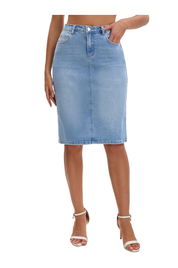 Women's Jean Skirt High Waist Back Slit Knee Length Denim Skirts Light Blue S