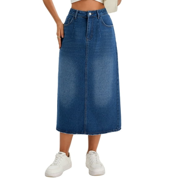 INSPIRE CHIC Women's Jean Skirt Stretch High Waisted Split Back Pockets Casual Pencil Midi Denim Skirts 2XL Dark Blue