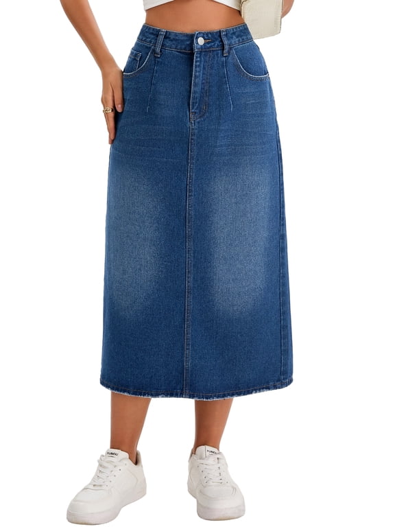 Women's Jean Skirt Stretch High Waisted Split Back Pockets Casual Pencil Midi Denim Skirts L Dark Blue