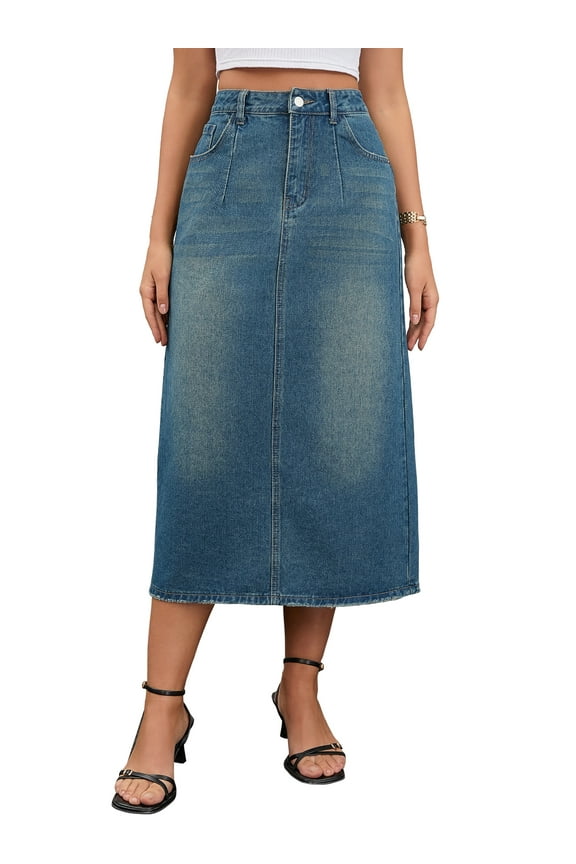 Women's Jean Skirt Stretch High Waisted Split Back Pockets Casual Pencil Midi Denim Skirts L Retro Blue
