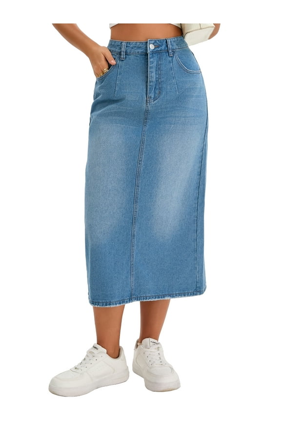 Women's Jean Skirt Stretch High Waisted Split Back Pockets Casual Pencil Midi Denim Skirts XL Light Blue