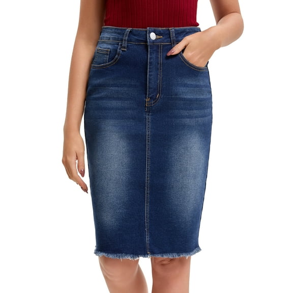 INSPIRE CHIC Women's Jean Skirts Raw Hem High Waisted Pockets Stretch Mid Length Denim Skirts L Black Blue