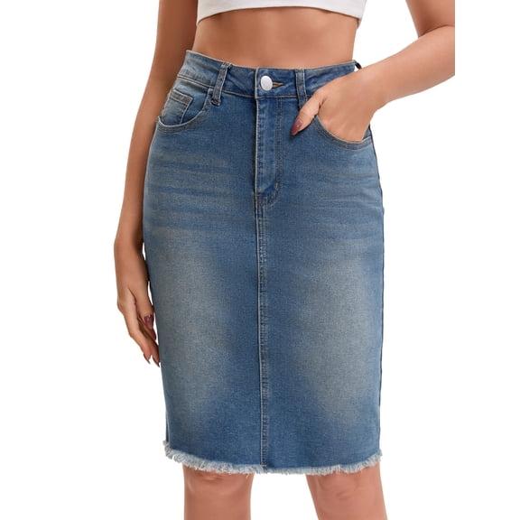 INSPIRE CHIC Women's Jean Skirts Raw Hem High Waisted Pockets Stretch Mid Length Denim Skirts L Retro Blue