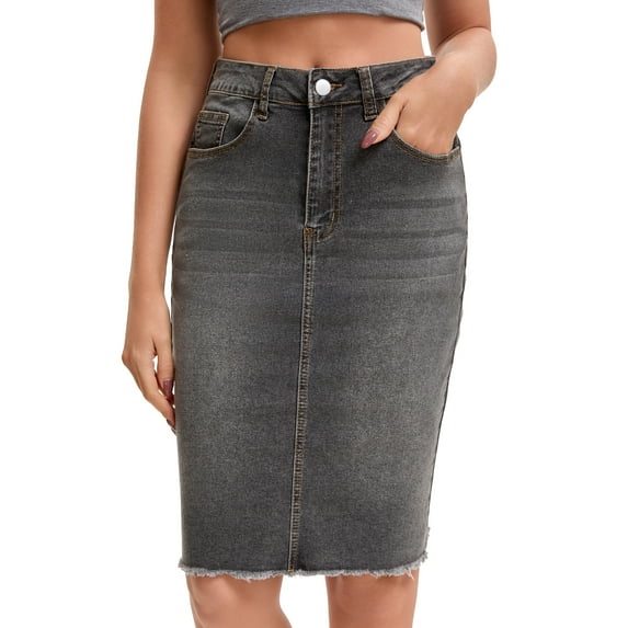 INSPIRE CHIC Women's Jean Skirts Raw Hem High Waisted Pockets Stretch Mid Length Denim Skirts M Gray