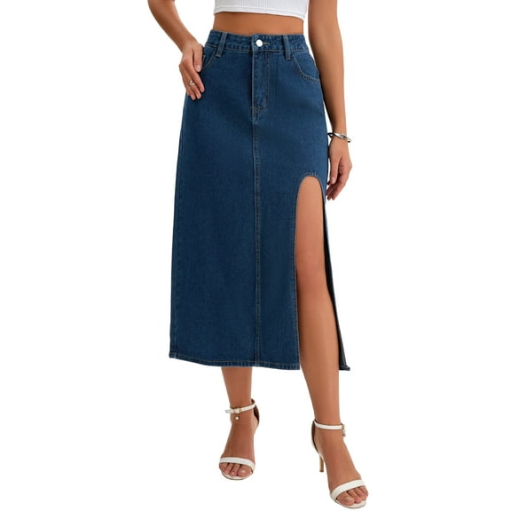 INSPIRE CHIC Women's Skirt Jean High Waist A-Line Thigh Split Midi Denim Skirt L Dark Blue