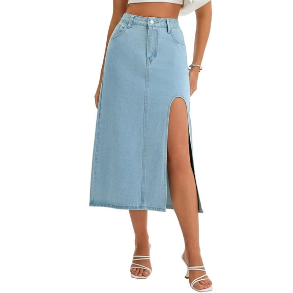 INSPIRE CHIC Women's Skirt Jean High Waist A-Line Thigh Split Midi Denim Skirt L Light Blue